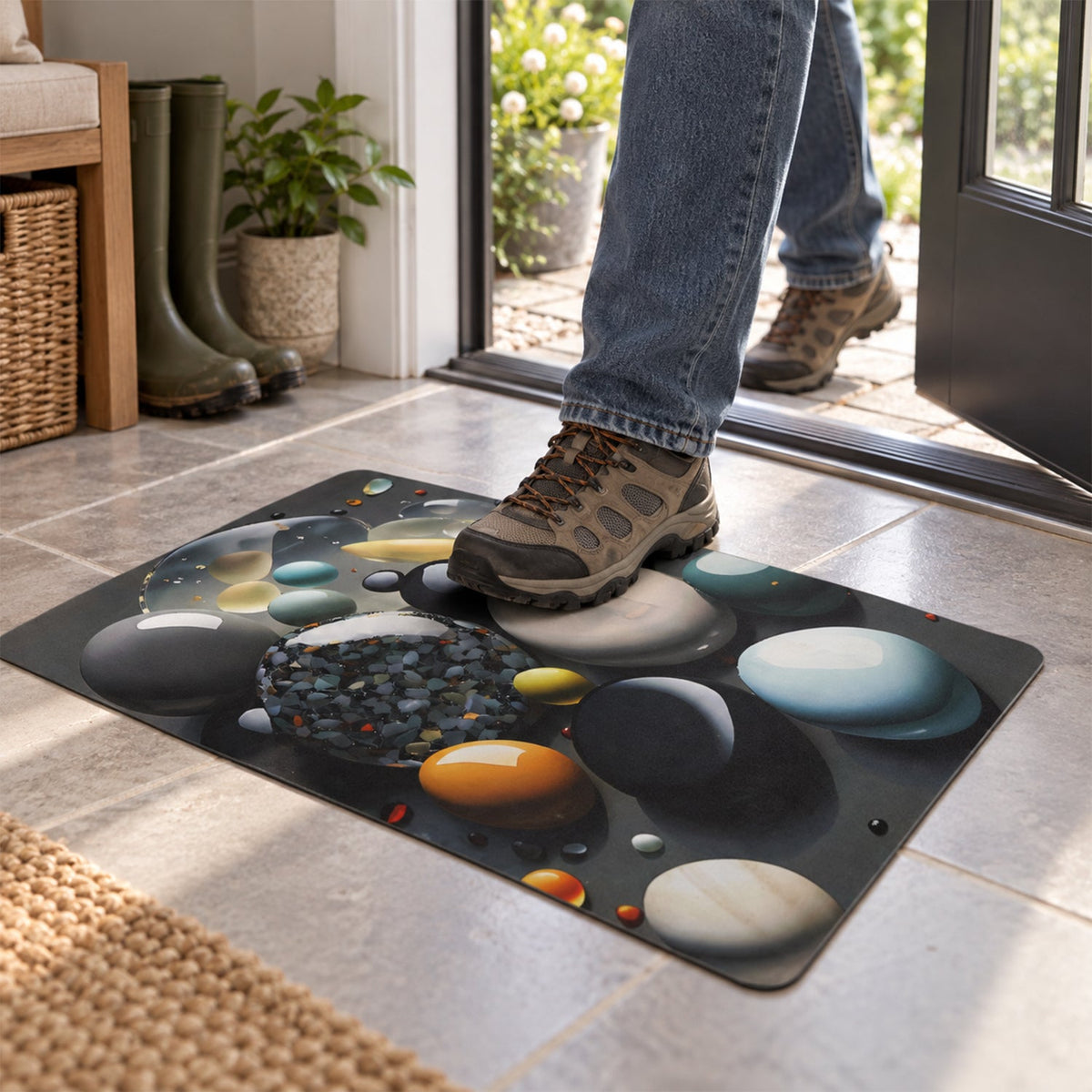 A person in hiking boots stepping onto a pebble-patterned mat at an entryway with green plants.