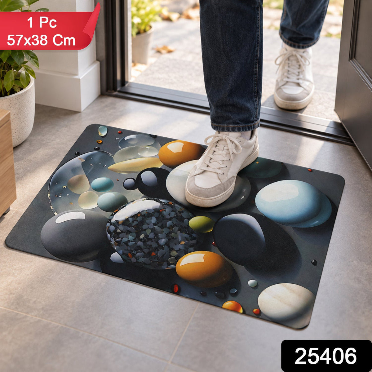 A rectangular mat with a pebble pattern, featuring a person's feet in white shoes entering a doorway.