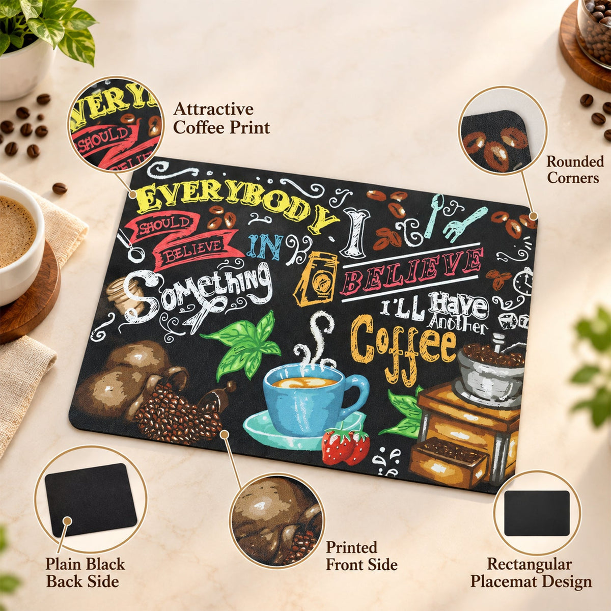 Overhead view of the coffee-themed mat with callouts highlighting its attractive print, rounded corners, and plain black