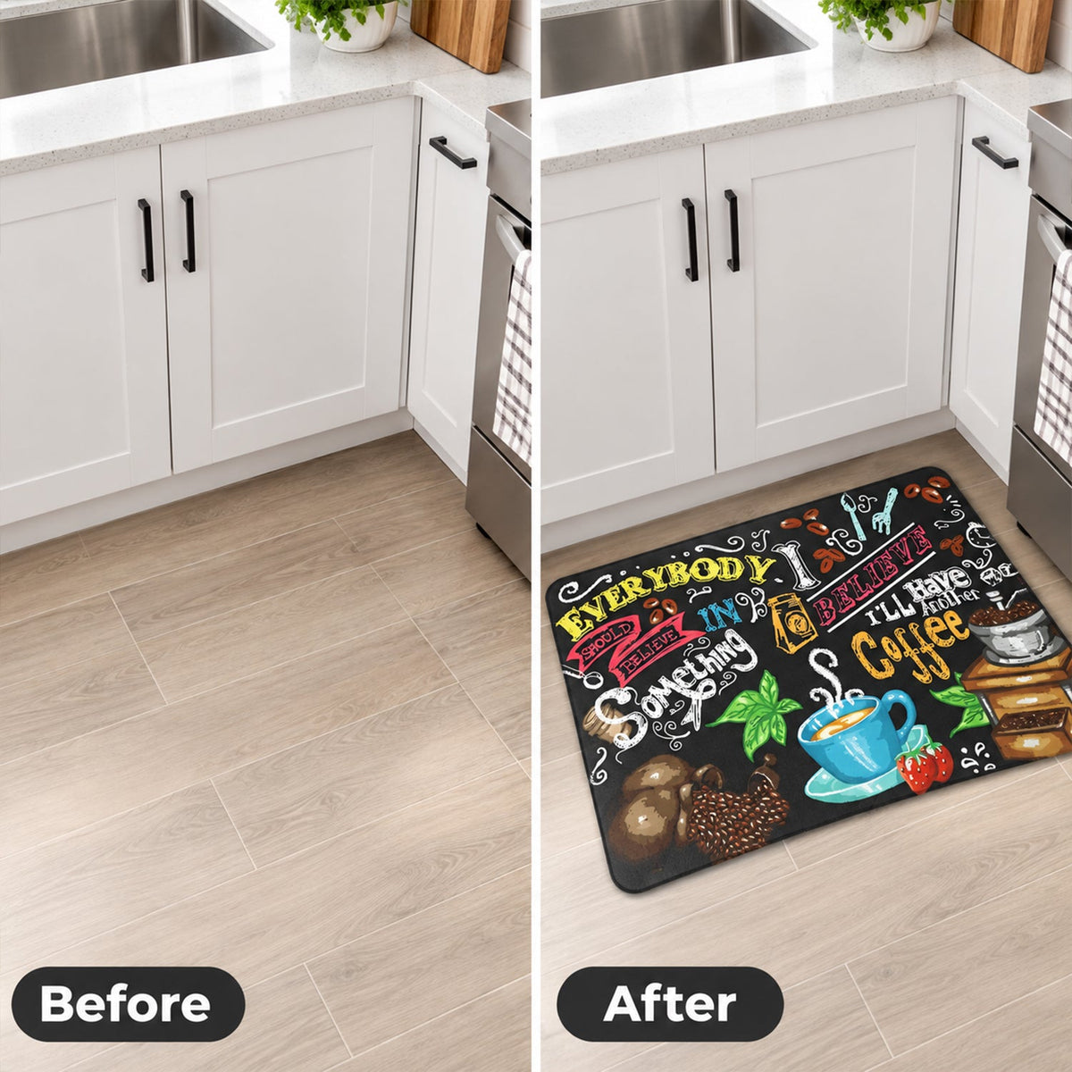 Split image showing an empty kitchen floor labeled 'Before' and the same floor with the coffee mat labeled 'After'.