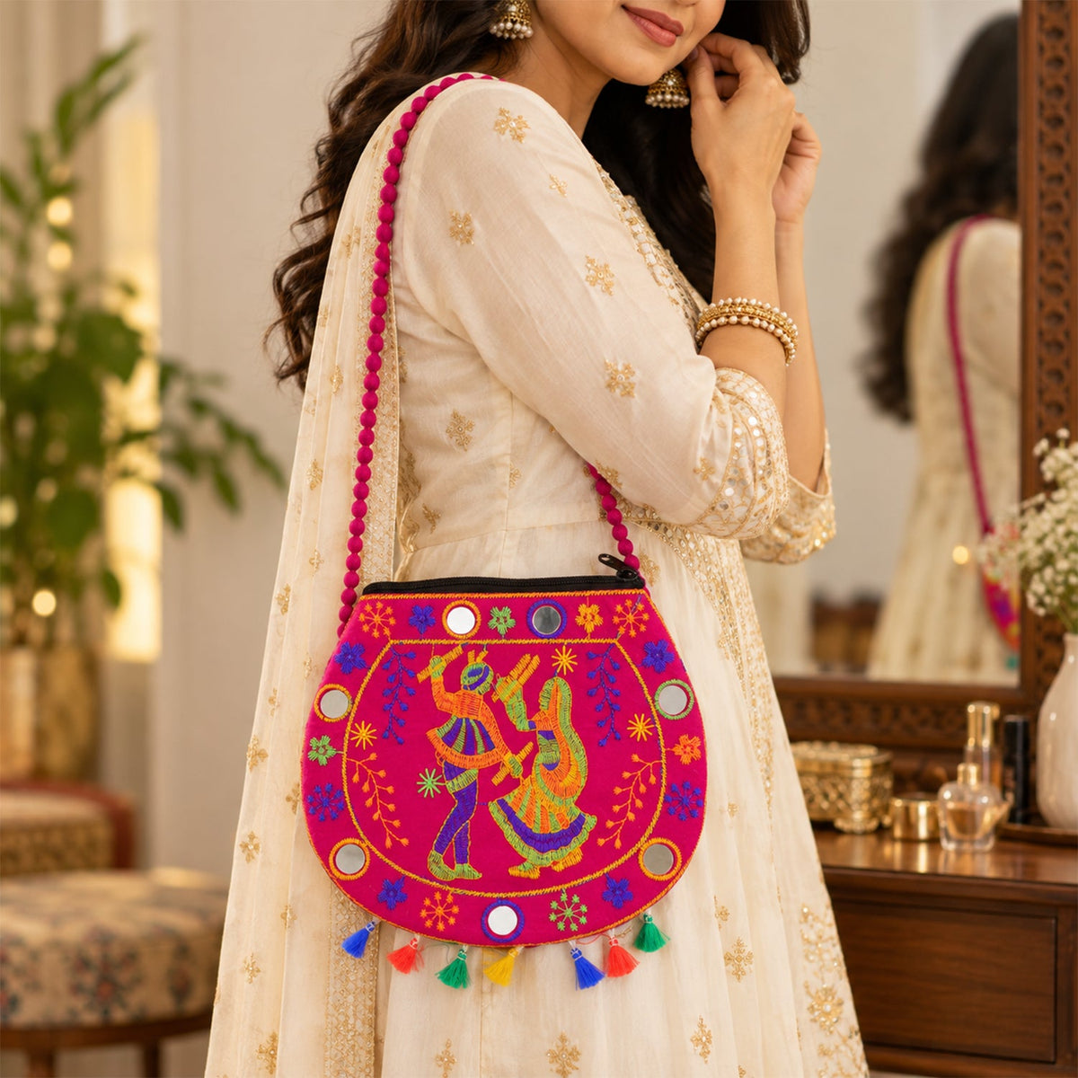 Traditional embroidered jute sling purse tassels