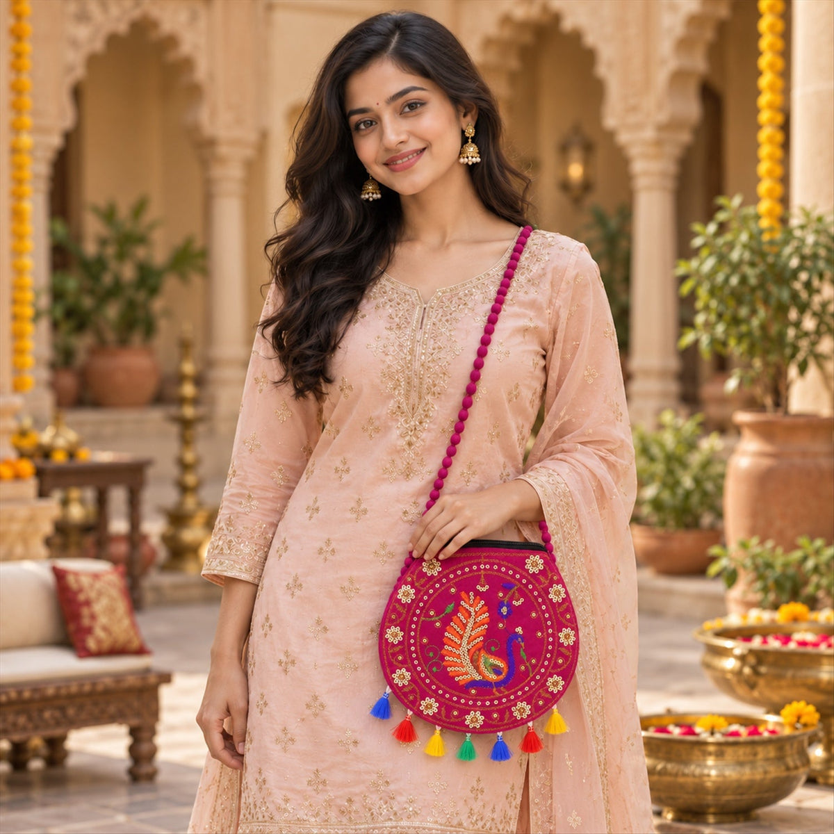 Traditional peacock embroidered jute sling purse