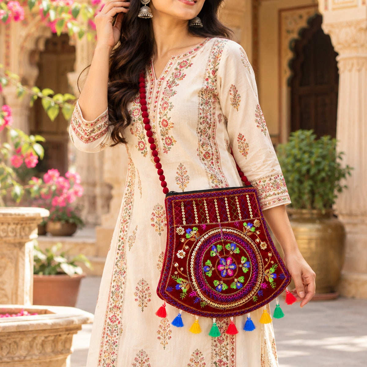 Traditional embroidered velvet sling jute purse