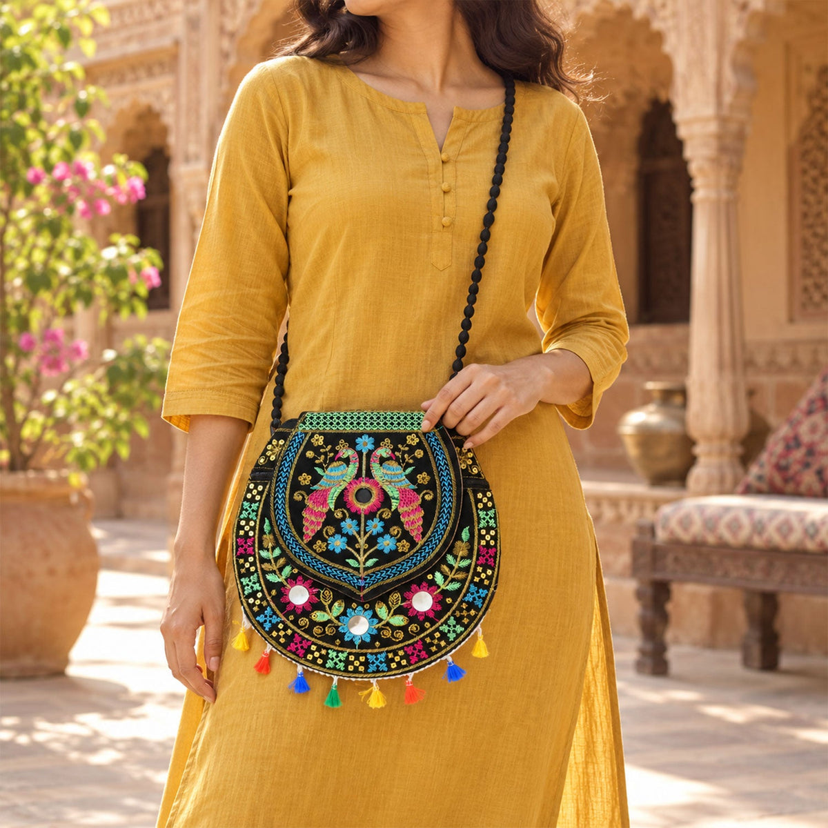 Traditional peacock embroidered jute sling purse