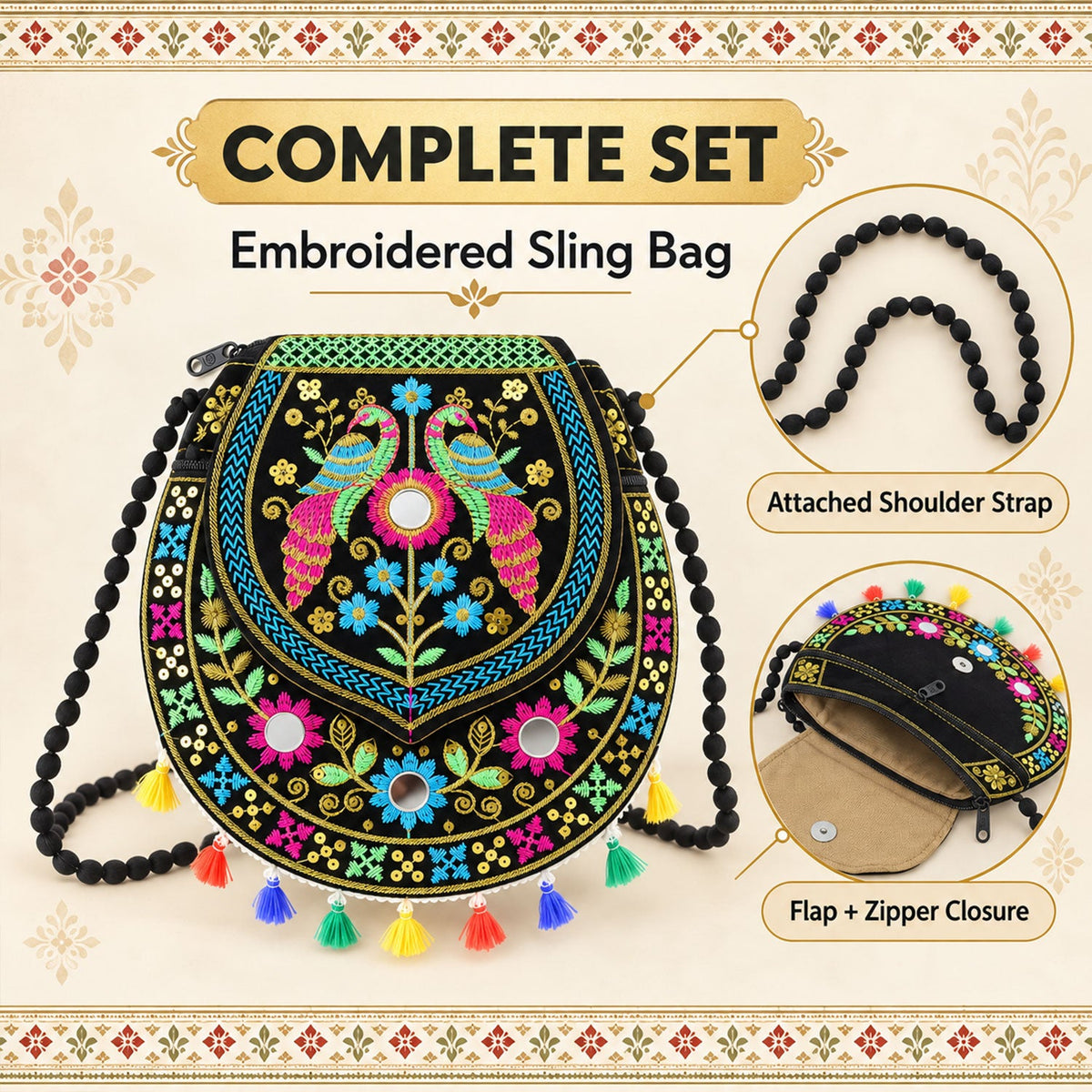 Ethnic peacock tassel purse women