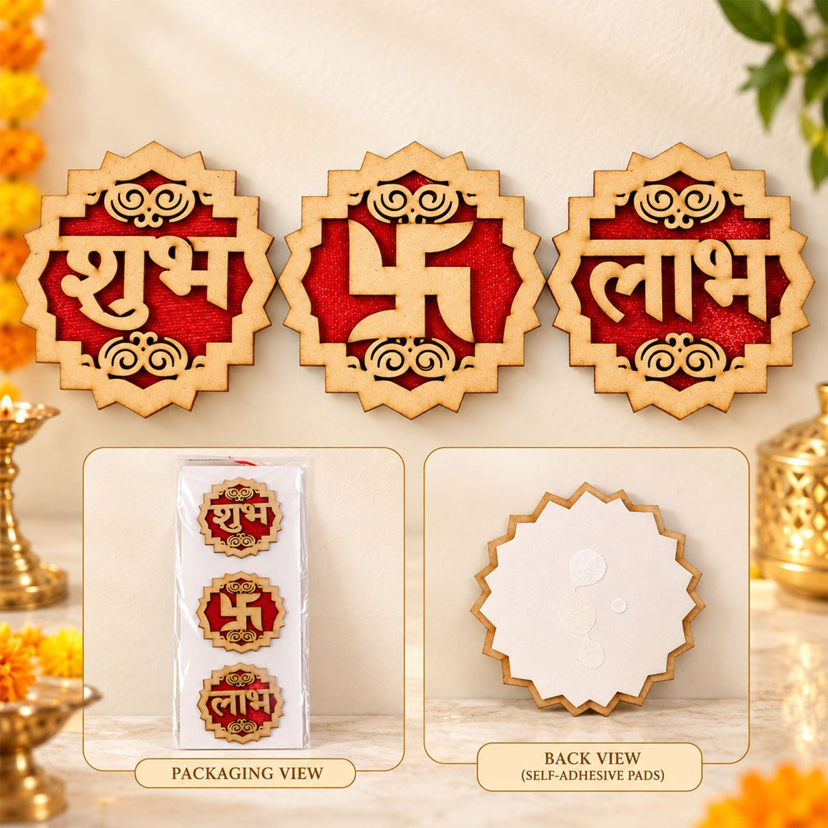 A packaging view shows the three wooden Shubh Labh Swastik decorations in plastic, with a separate view of their adhesive