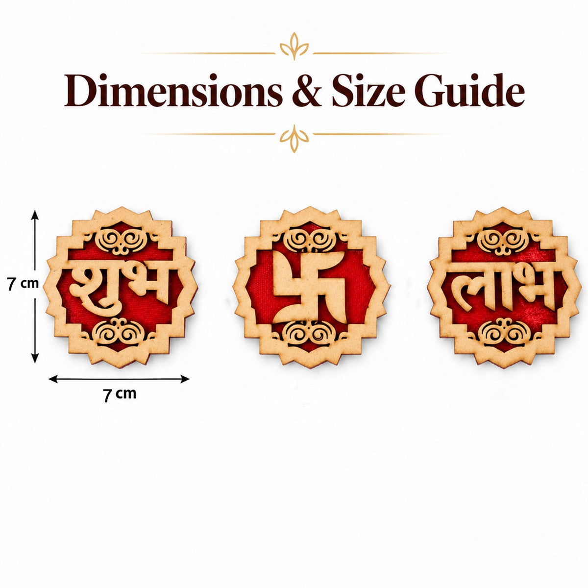 A white background displays the three wooden Shubh Labh Swastik decorations with their dimensions indicated as 7 cm by 7 cm.
