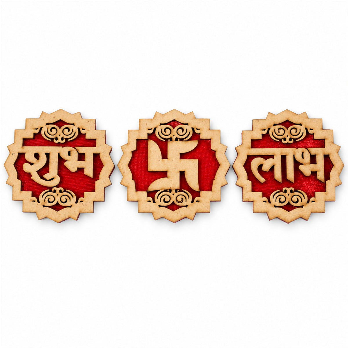 The three wooden Shubh Labh Swastik decorations are arranged side-by-side on a plain white background.