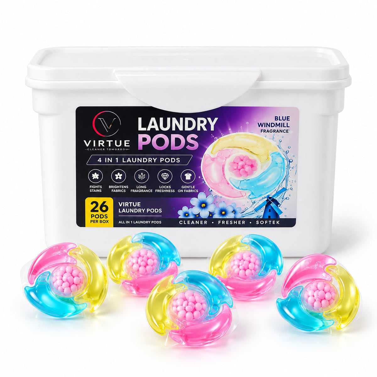 A white rectangular container of laundry pods with a detailed label stands beside six individual colorful pods.