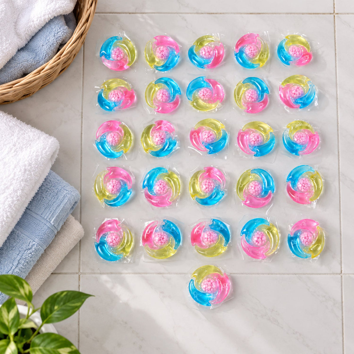 Twenty-six colorful laundry pods are neatly arranged in rows on a tiled floor next to folded white and blue towels.