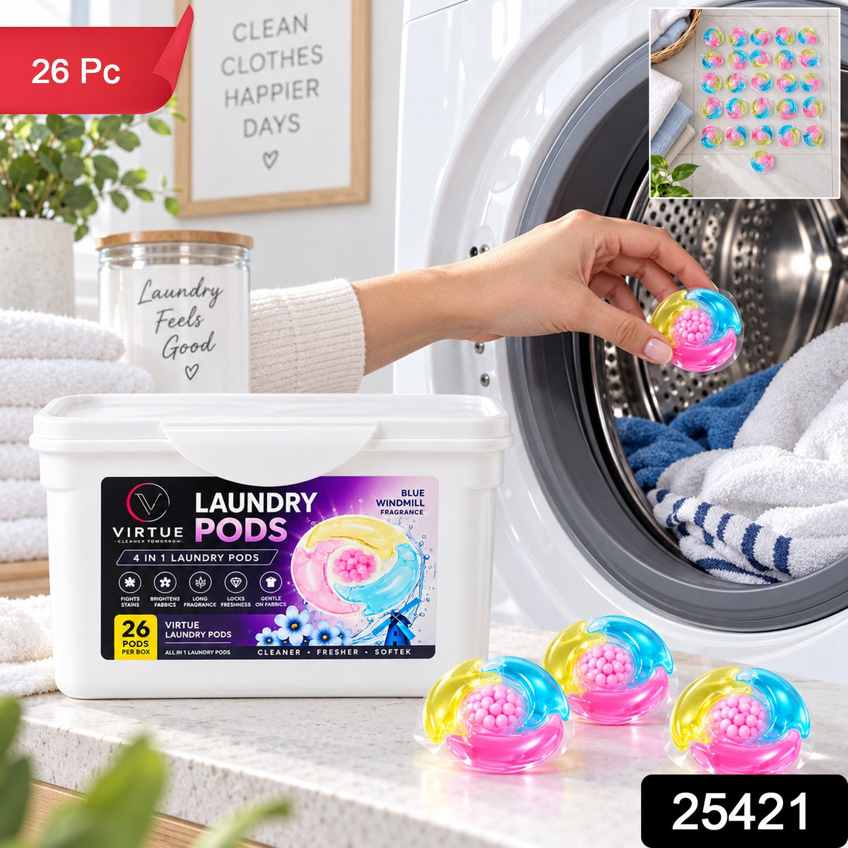 A hand inserts a colorful laundry pod into a washing machine, with a white container and three pods on the counter.