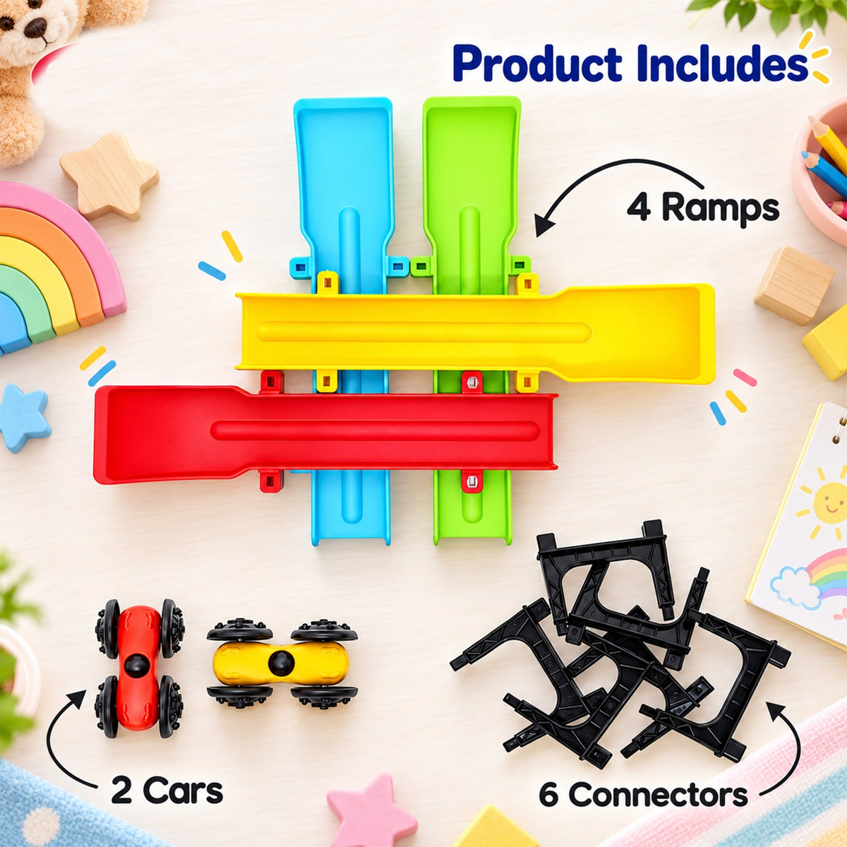 All components of the ramp racer toy set, including four ramps, two cars, and six connectors, laid out on a white surface.