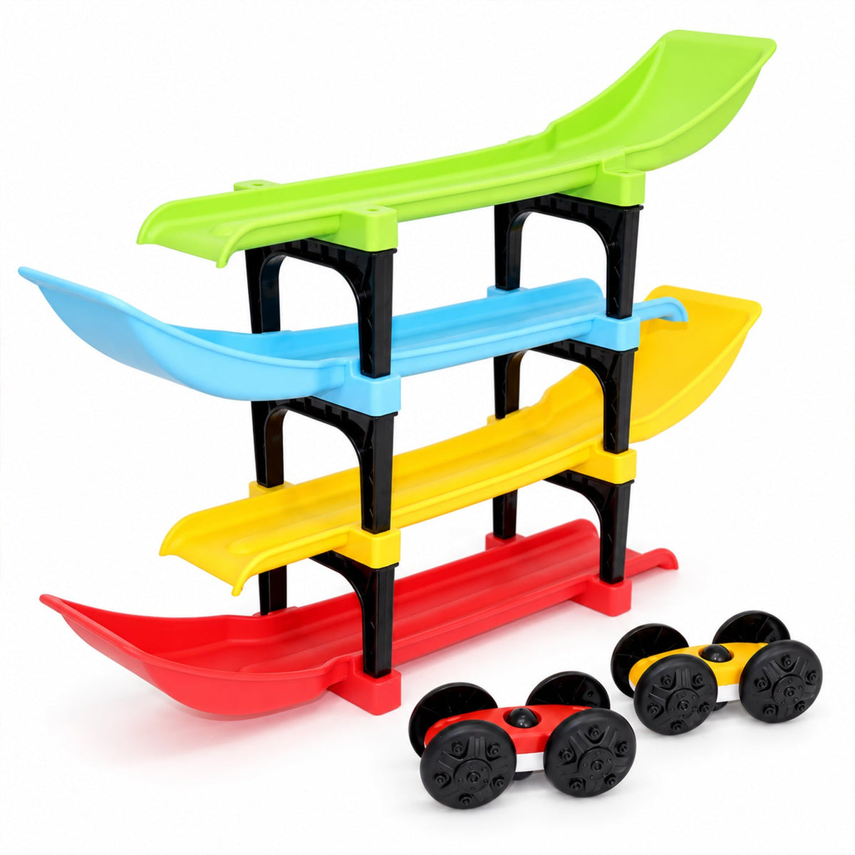 A fully assembled colorful four-level ramp racer toy with two small cars positioned at its base on a white background.