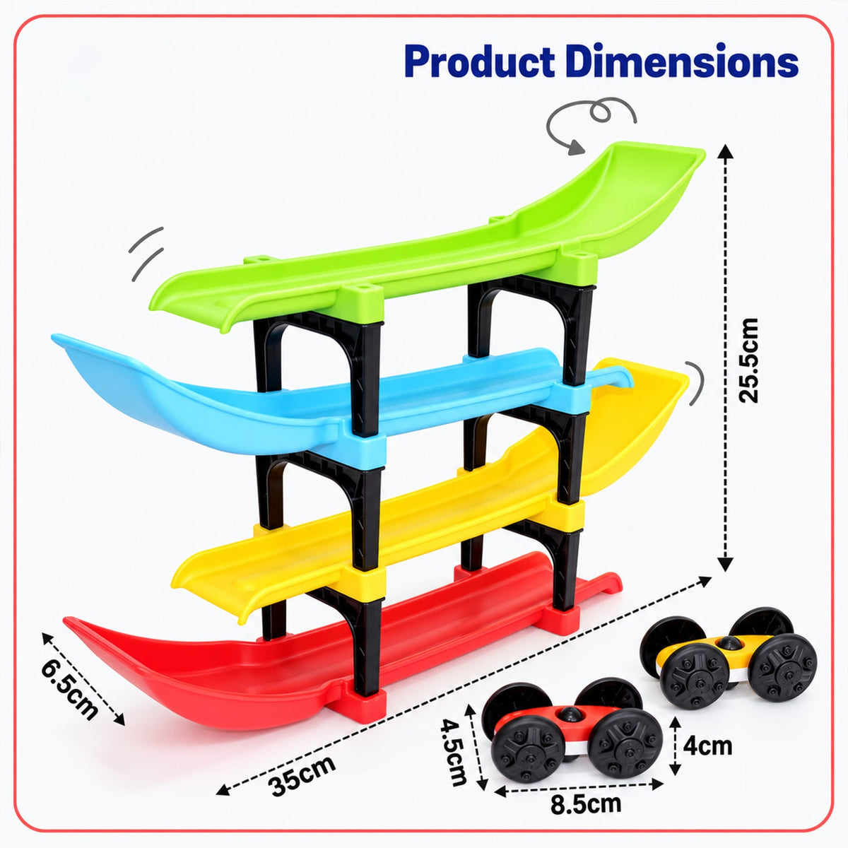 The colorful ramp racer toy with two cars, displaying its dimensions in centimeters on a white background.