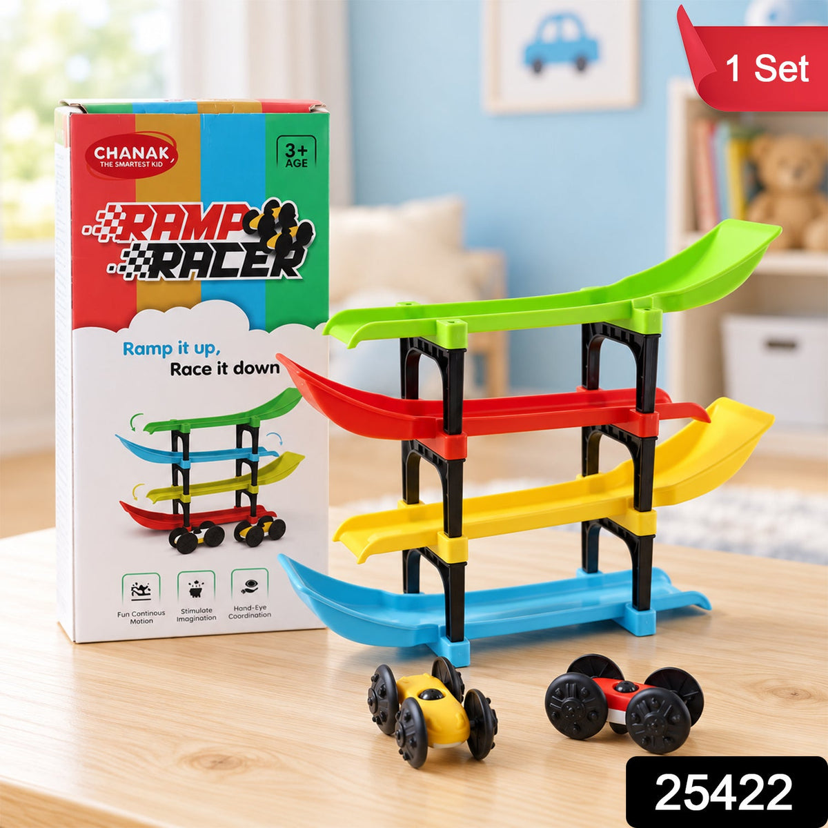 The ramp racer toy set with four colorful ramps and two cars next to its retail box on a wooden table.