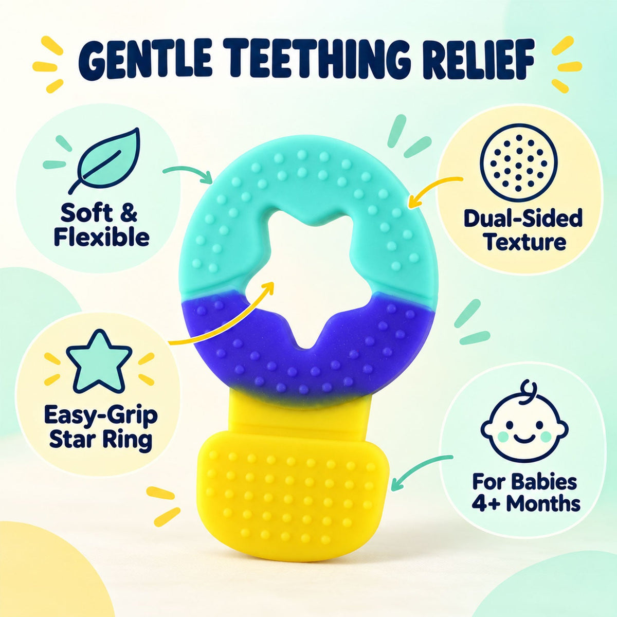 A graphic shows the blue, purple, and yellow star teether with text highlighting its soft, flexible, and dual-sided texture.