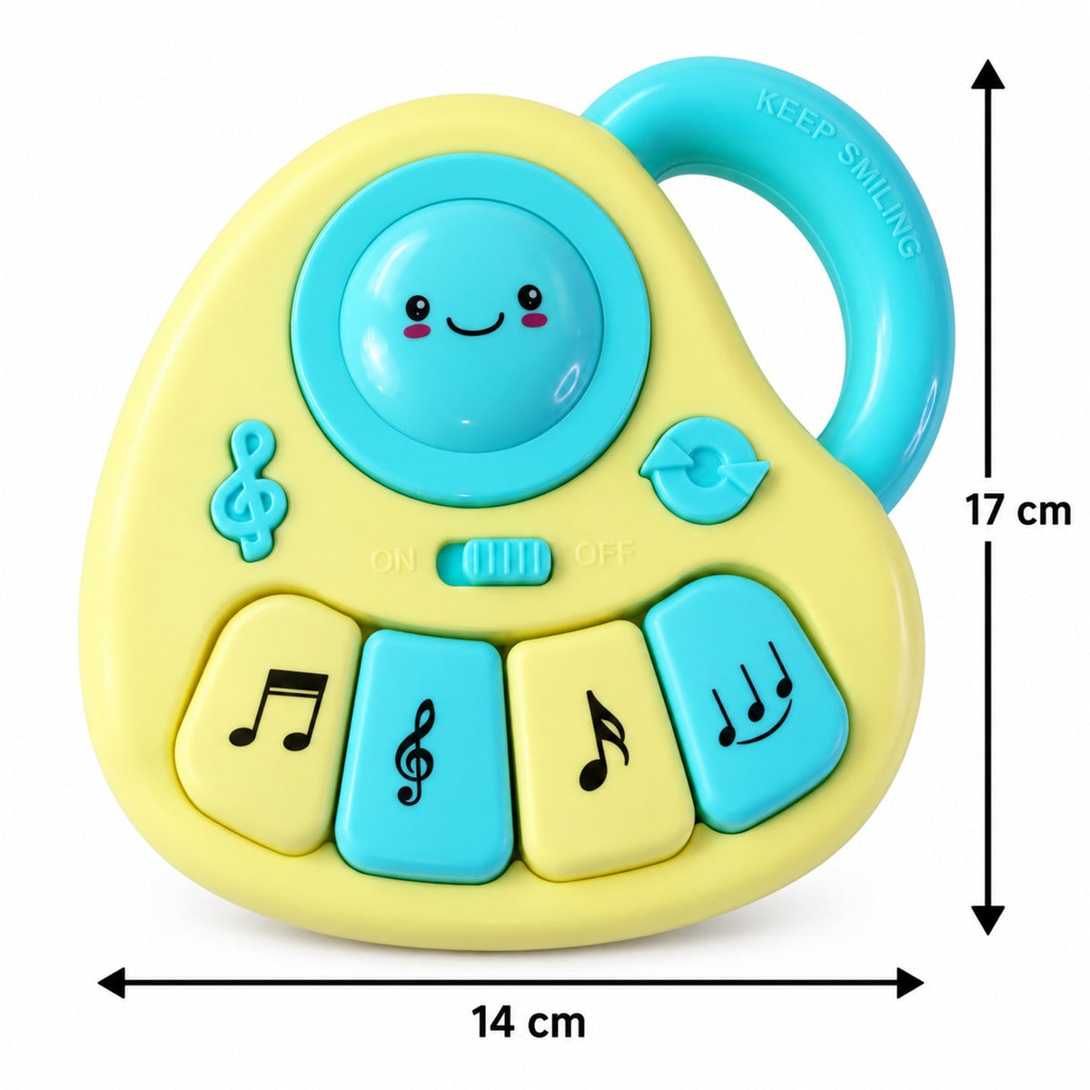 Yellow and blue musical toy with dimensions of 14 cm width and 17 cm height displayed next to it.