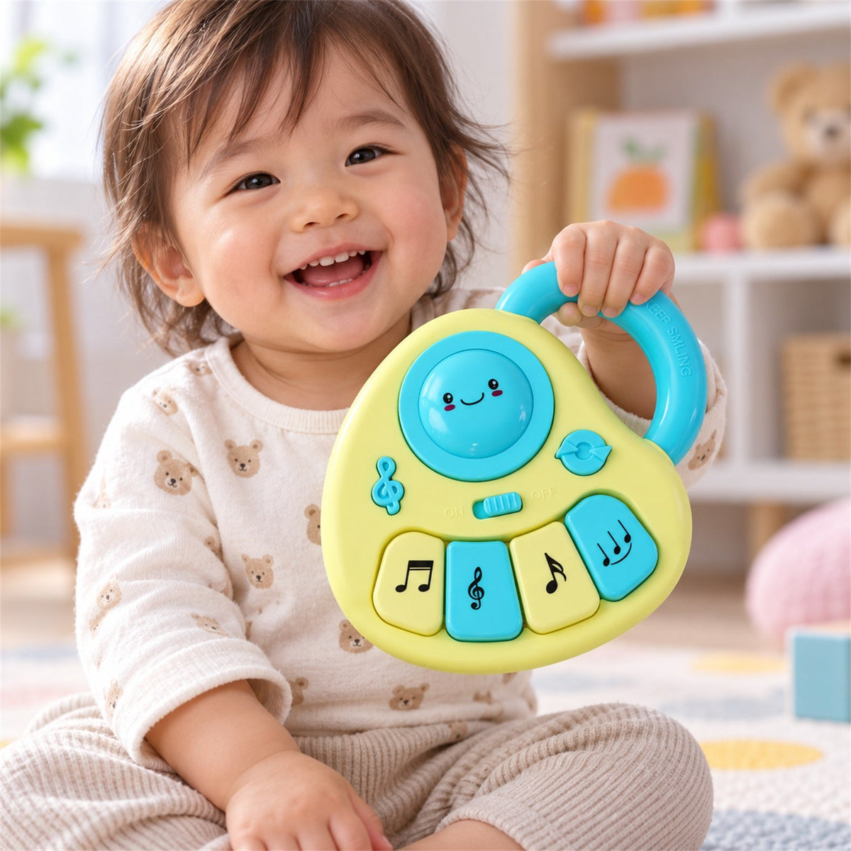 A happy child in a teddy bear print shirt holds the yellow and blue musical toy with a blue handle.