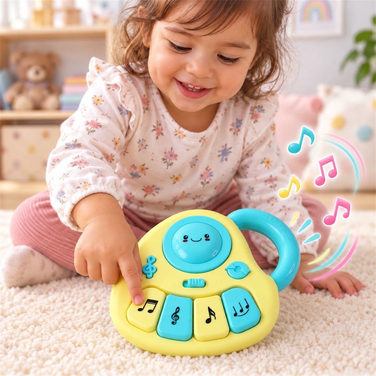 A child presses a key on the yellow and blue musical toy, with colorful musical notes floating above it.