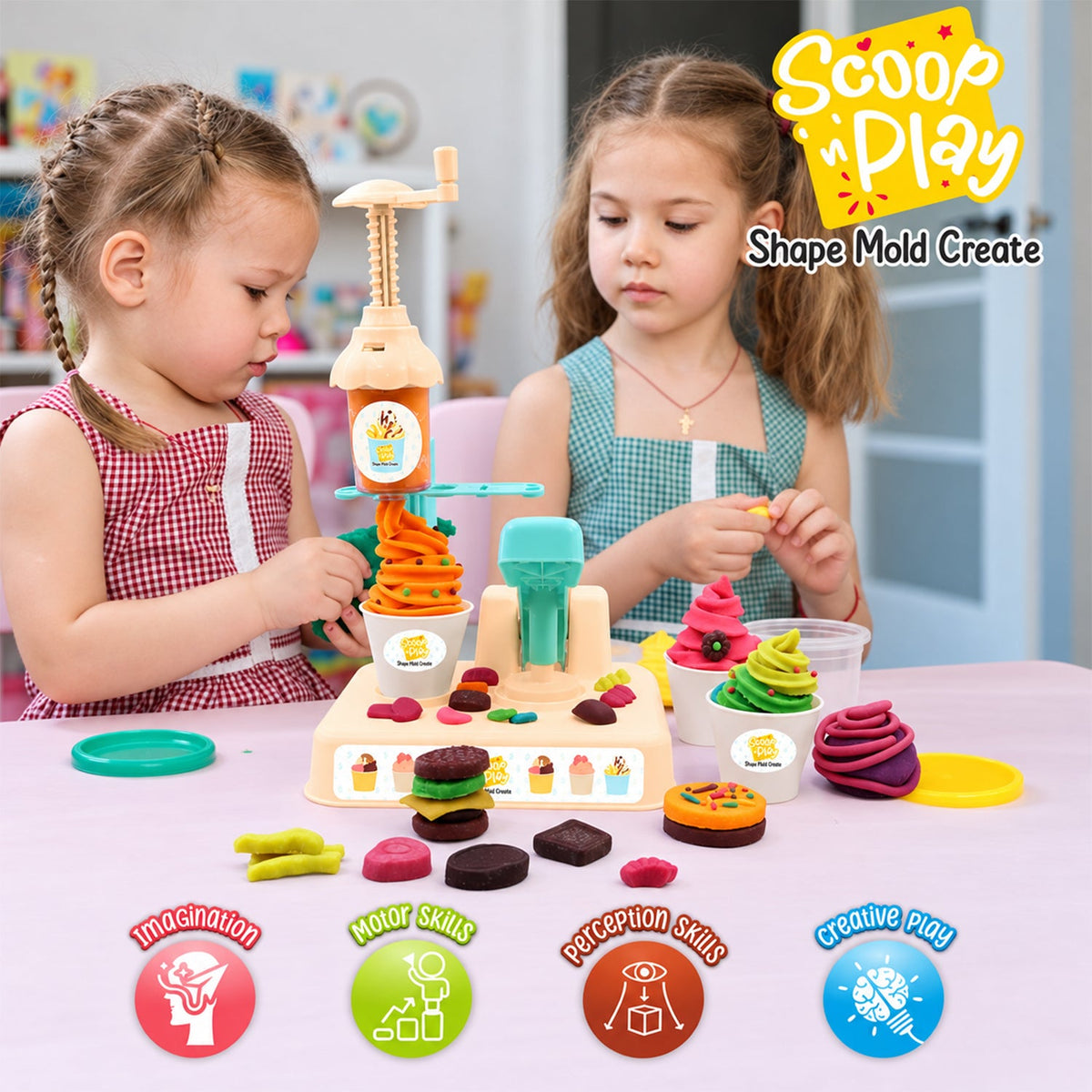 Two young girls playing with the dough ice cream maker set, creating colorful dough desserts on a pink tablecloth.