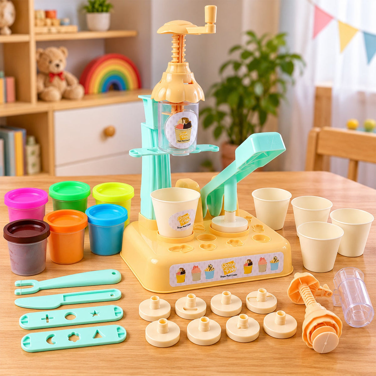 The dough ice cream maker set with multiple colorful dough containers, cups, and shaping tools on a wooden surface.