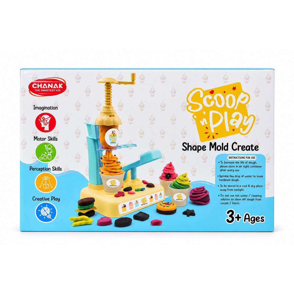 The front of the product box for the "Scoop 'n Play Shape Mold Create" dough play set, featuring the toy.