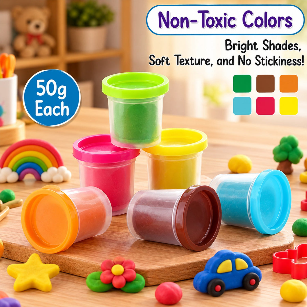 Six containers of colorful non-toxic dough, along with various dough shapes and molds on a wooden surface.