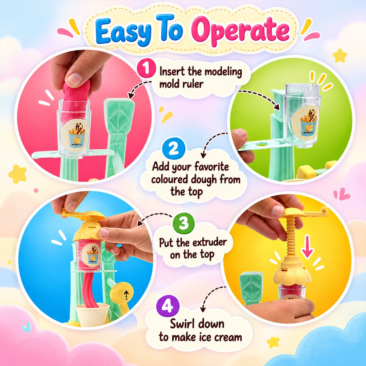 A four-step diagram illustrating how to operate the dough ice cream maker, showing hands using the toy.