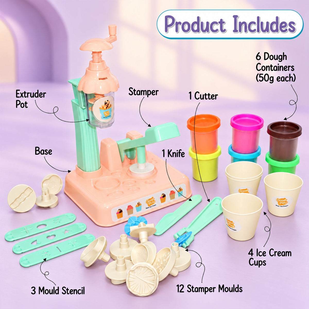 An exploded view of the dough ice cream maker set, labeling each component like extruder pot, stamper, and molds.