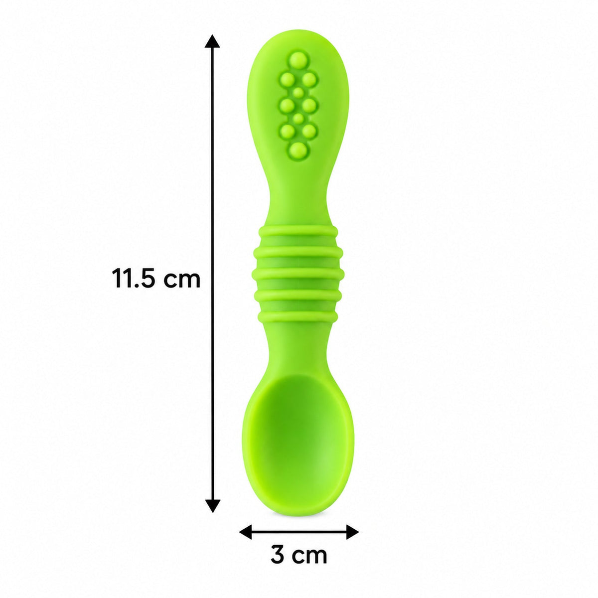 A single green silicone baby spoon with a solid head, displaying its length of 11.5 cm and width of 3 cm.