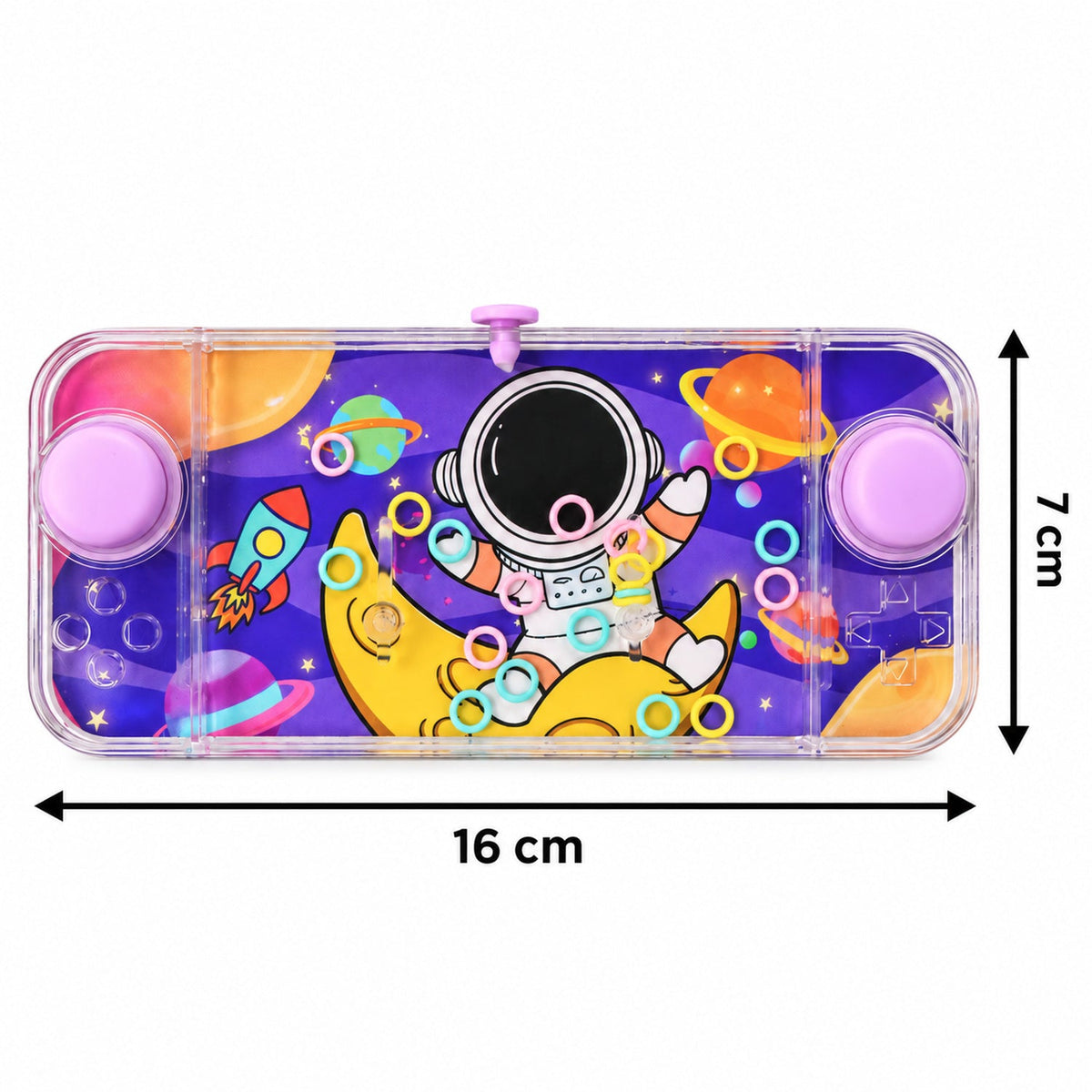 The purple water game with astronaut design and pink buttons, displaying its dimensions of 16 cm by 7 cm.