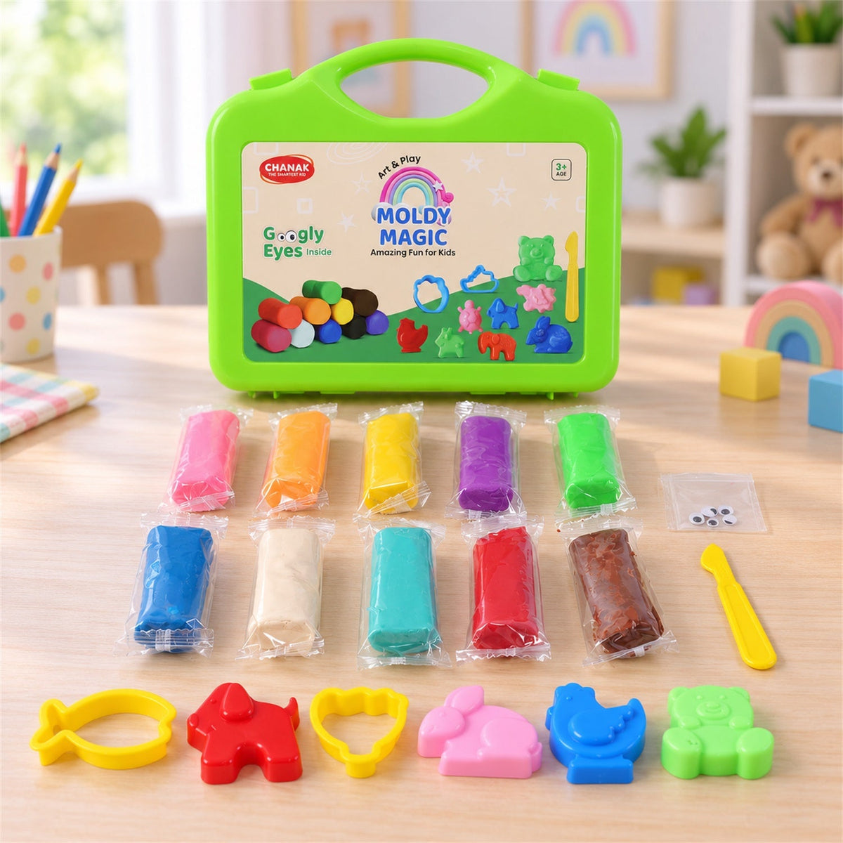 A green carrying case sits behind ten colorful clay packs, six plastic moulds, a yellow tool, and googly eyes.