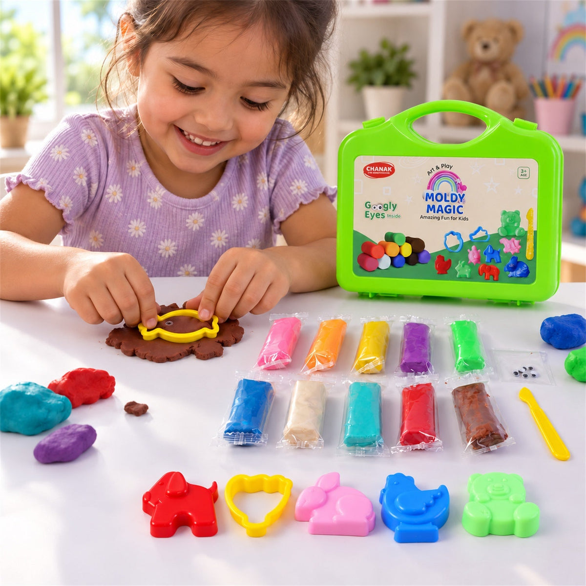 A smiling girl uses a yellow fish mould on brown clay, with a green case and colorful clay packs nearby.
