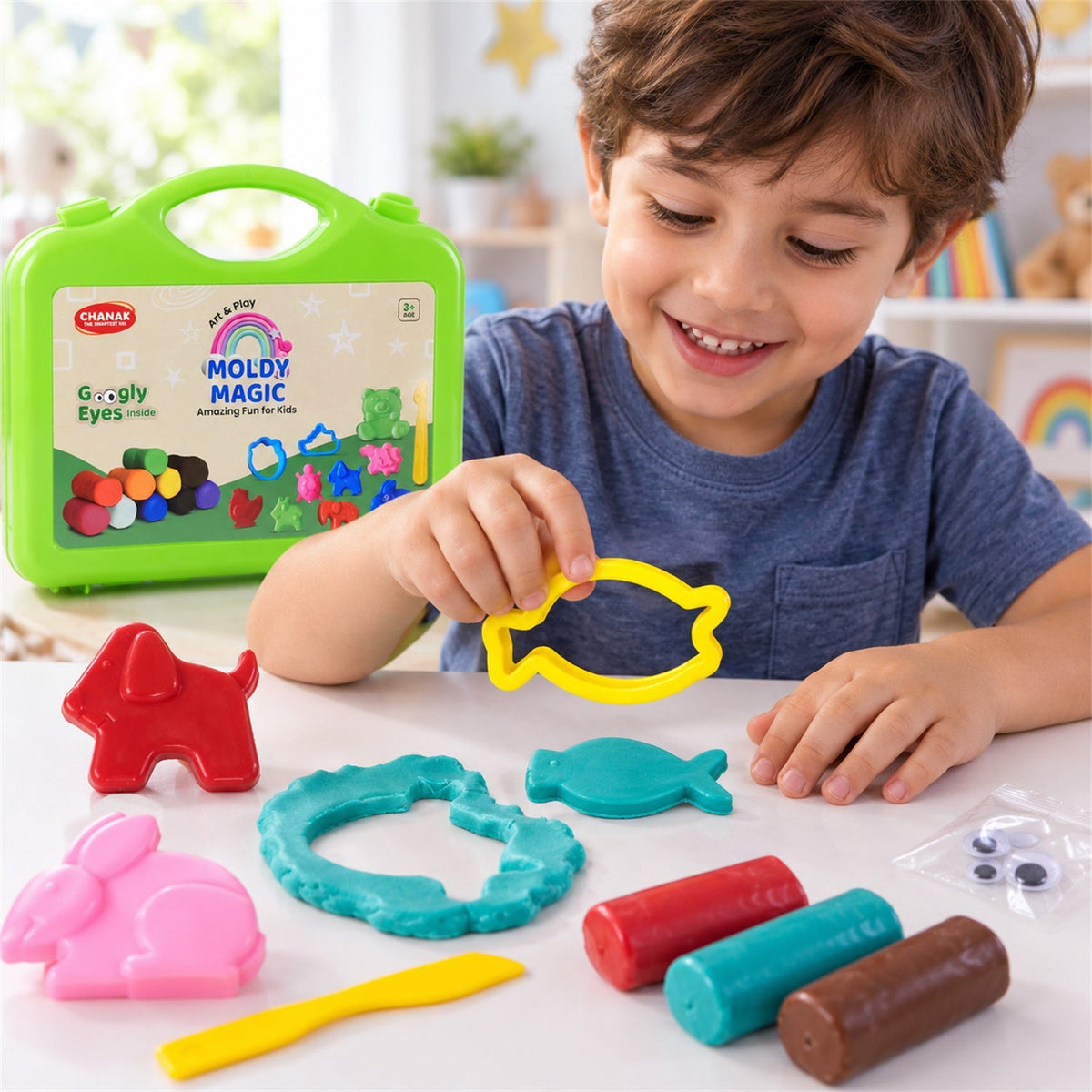 A boy smiles while holding a brown clay fish, with a green case, colorful clay, and plastic moulds on the table.