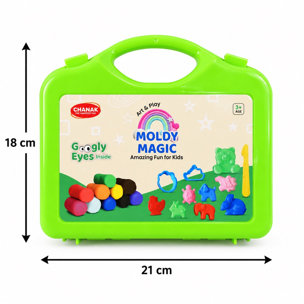 A green carrying case with a label displays dimensions of 18 cm height and 21 cm width.
