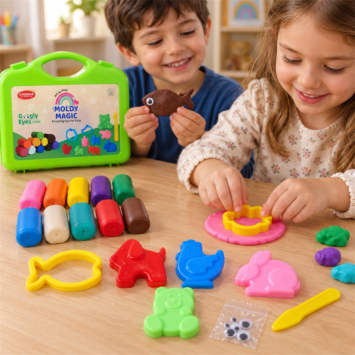 Two children smile while playing with colorful clay, plastic moulds, and a green carrying case on a wooden table.