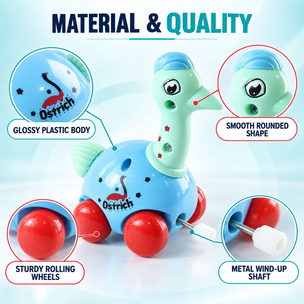 Twelve colorful wind-up animal toys, including lions, snails, hippos, tigers, and ostriches, are arranged on a white