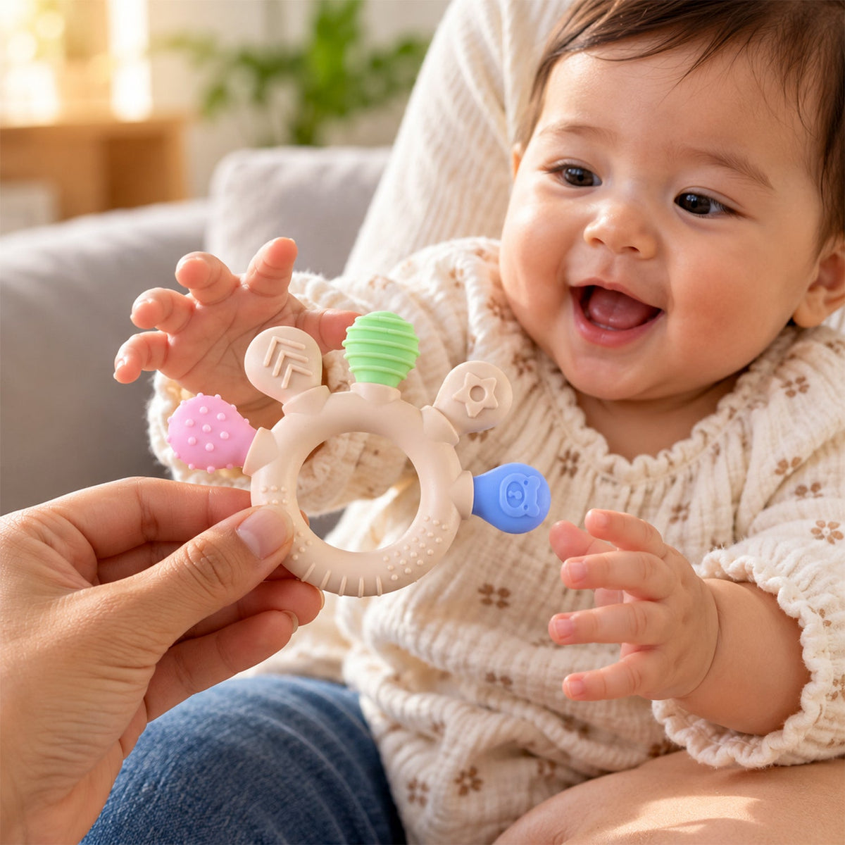 A baby with a wide smile reaches for a beige teether held by an adult hand, showing textured ends.