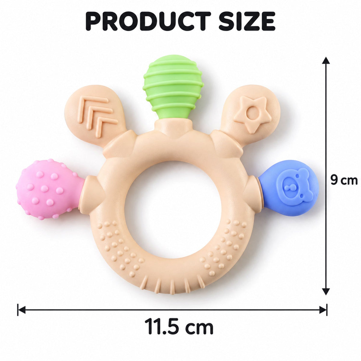 A beige teether with green, pink, and blue textured ends is shown with dimensions of 9 cm by 11.5 cm.