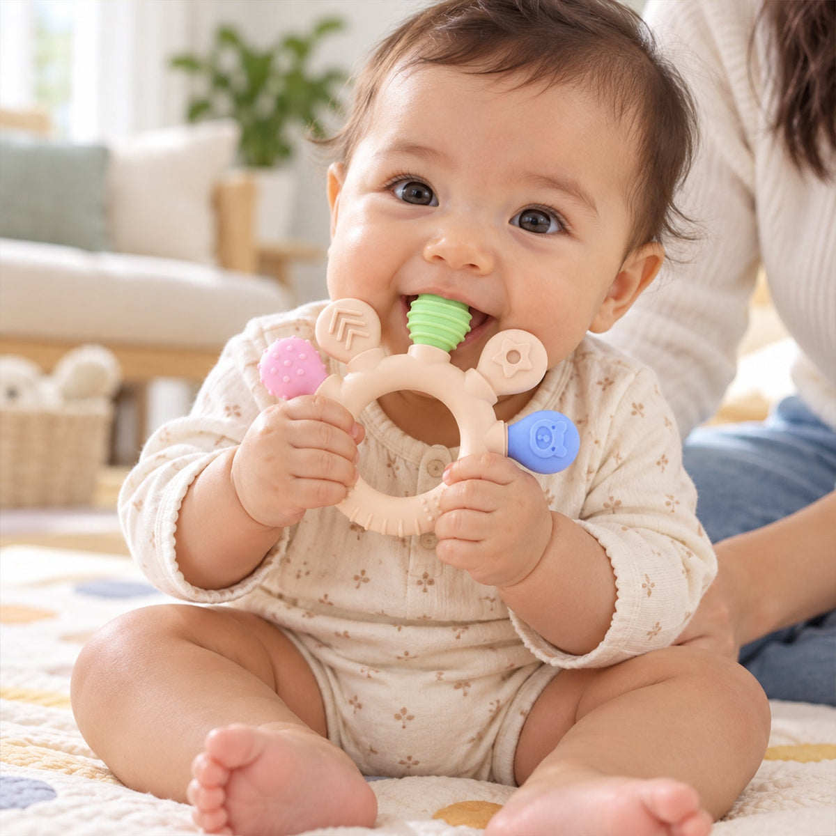 A joyful baby sits on a patterned rug, chewing on a beige teether with green, pink, and blue textured ends.