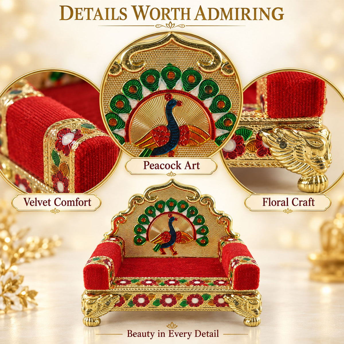 A detailed view of the gold and red throne, showcasing its peacock art, floral craft, and velvet comfort.