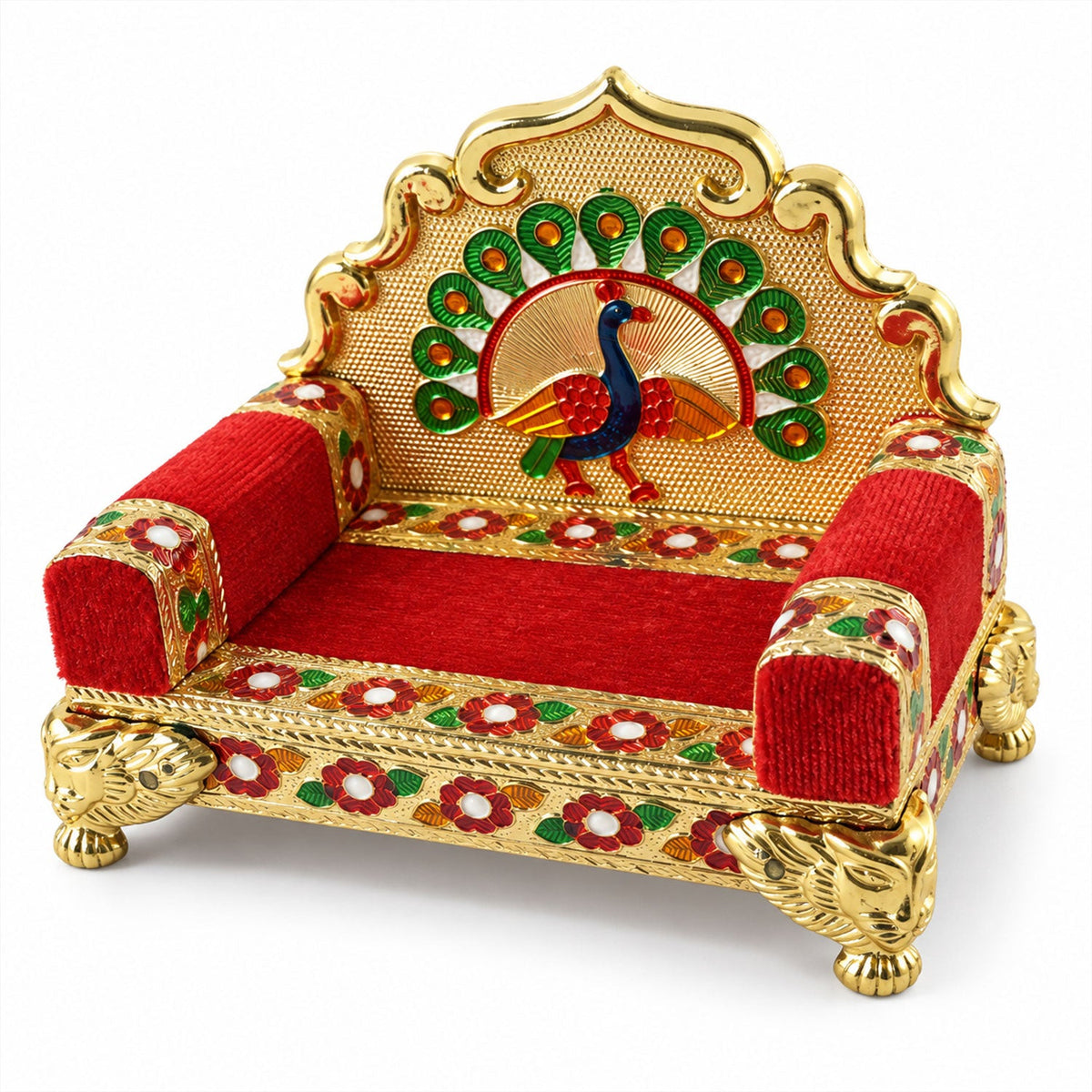 A gold and red throne with a peacock design on the backrest, set against a plain white background.