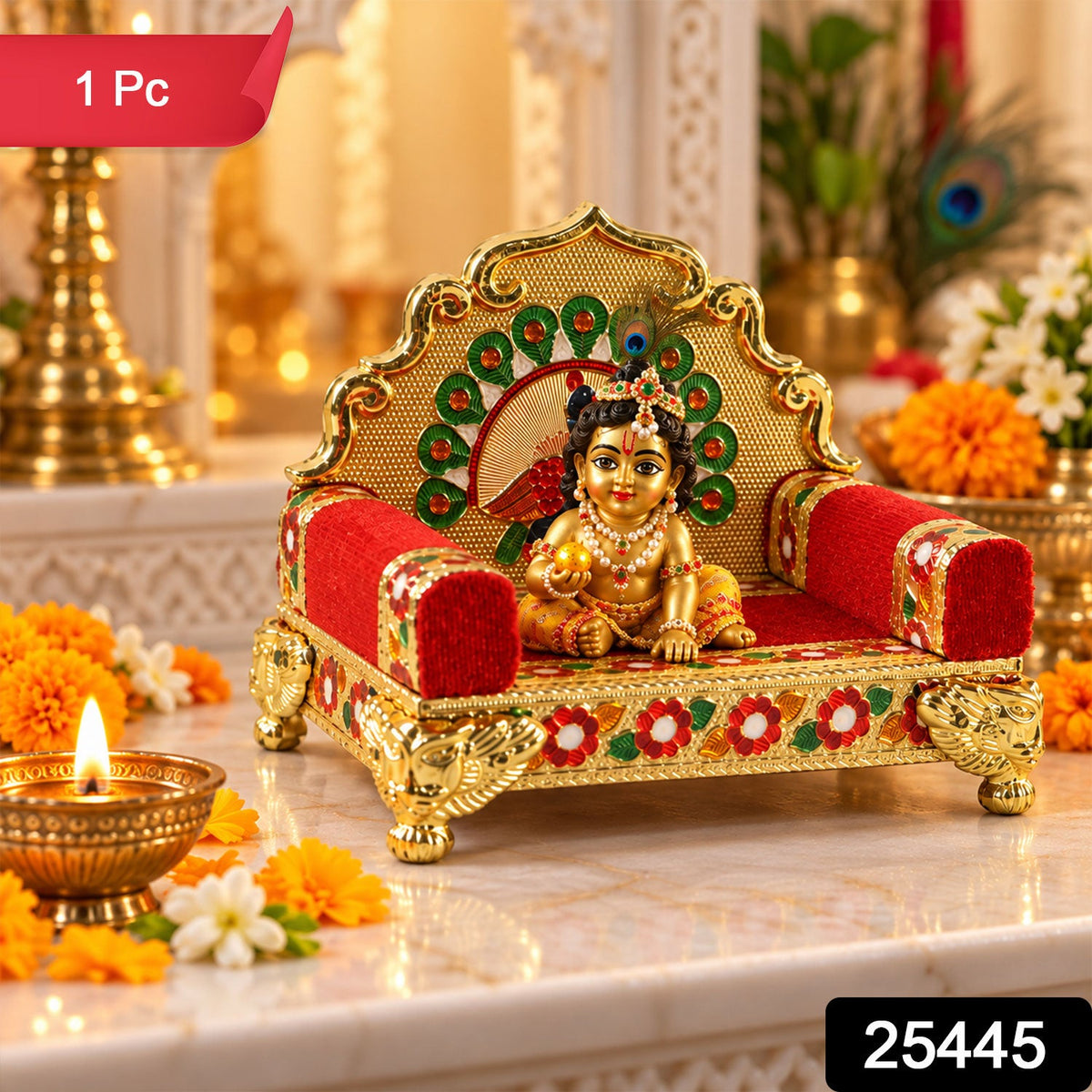 A gold and red throne with a peacock design, surrounded by marigold flowers and a lit candle.