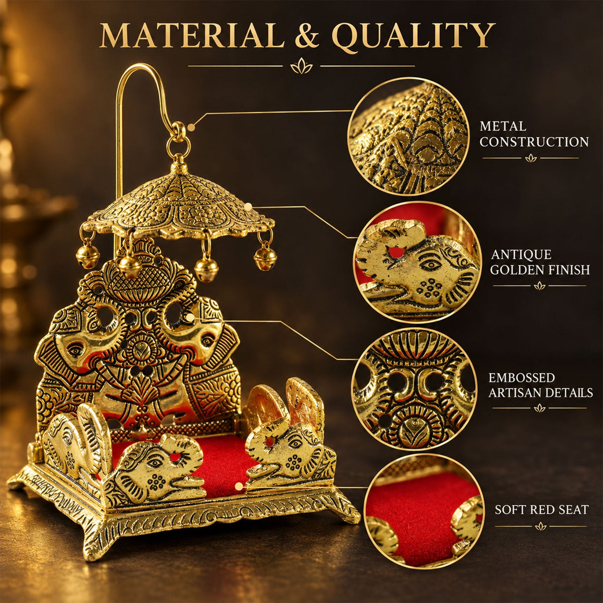 A brass deity throne with a red velvet seat, showcasing close-ups of its metal construction, antique golden finish, embossed