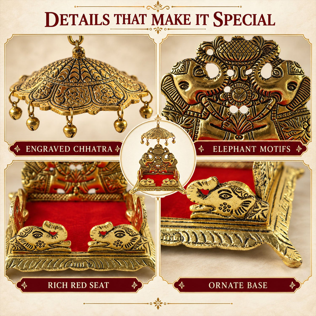A brass deity throne with a red seat, highlighting its engraved umbrella, elephant motifs, and ornate base in four close-up