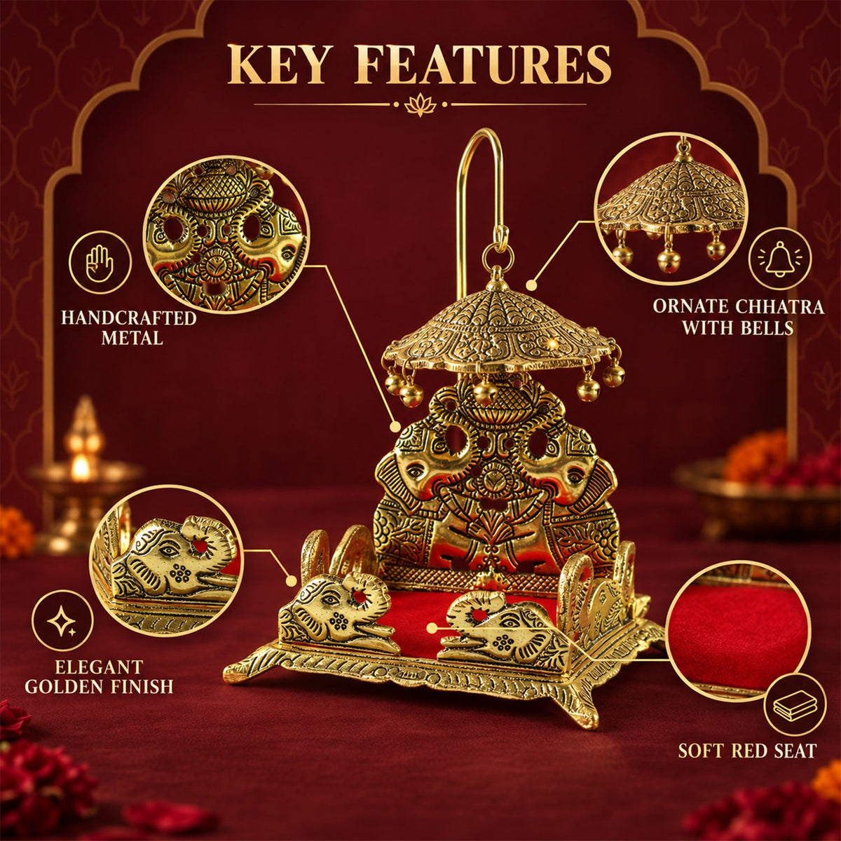 A gold-colored brass deity throne with a red seat, highlighting its handcrafted metal, ornate umbrella, elegant finish, and