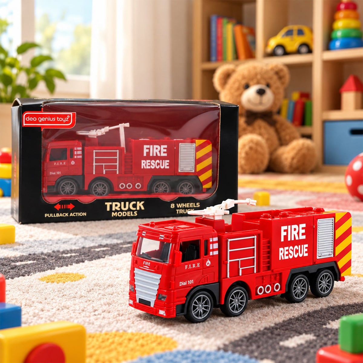 A red plastic fire truck toy in its box, with another identical truck toy next to it on a carpeted floor.