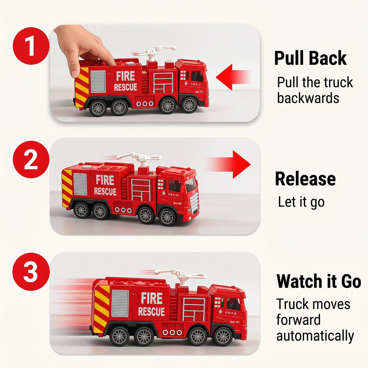 Three sequential images demonstrating the pull-back action of the red plastic fire truck toy.