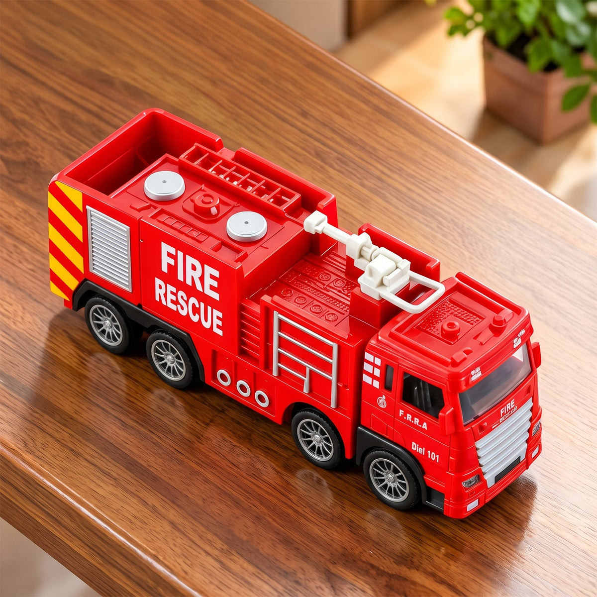 A red plastic fire truck toy with a white ladder on top, sitting on a polished wooden table.