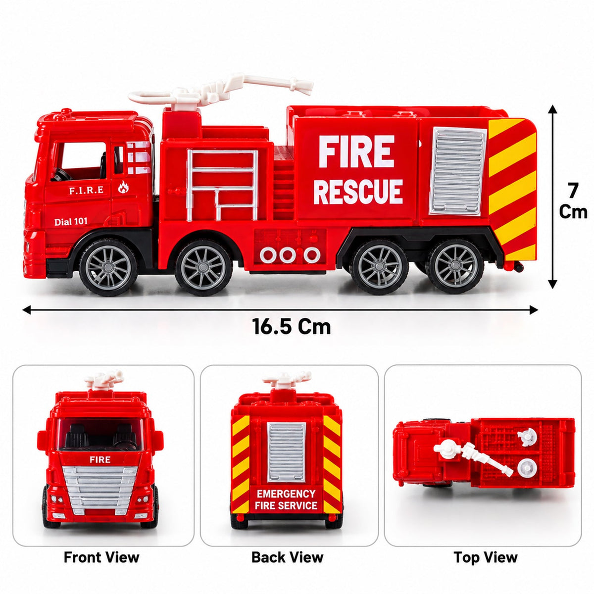 Three views of the red plastic fire truck toy: front, back, and top, with dimensions indicated.